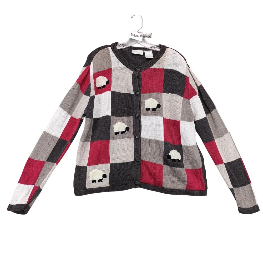 Vintage 80s-90s Blair Boutique Sheep Checkered Cardigan Sweater Womens M Cottage